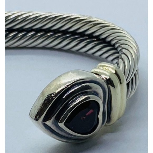 David Yurman 925 & 14KT Yellow Gold Double Cable Garnet Hearts Cuff Bracelet - Picture 5 of 8